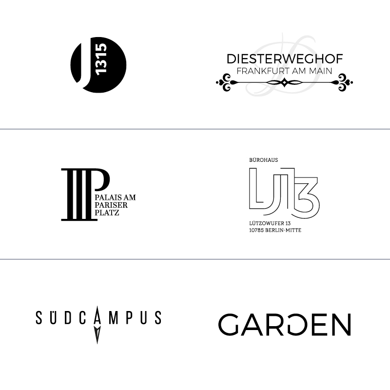 Grafikdesign, 6 verschiedene Projekt-Logos, beispielhafte Entwuerfe, Diesterweghof, Luetzowufer, Suedcampus, Garden