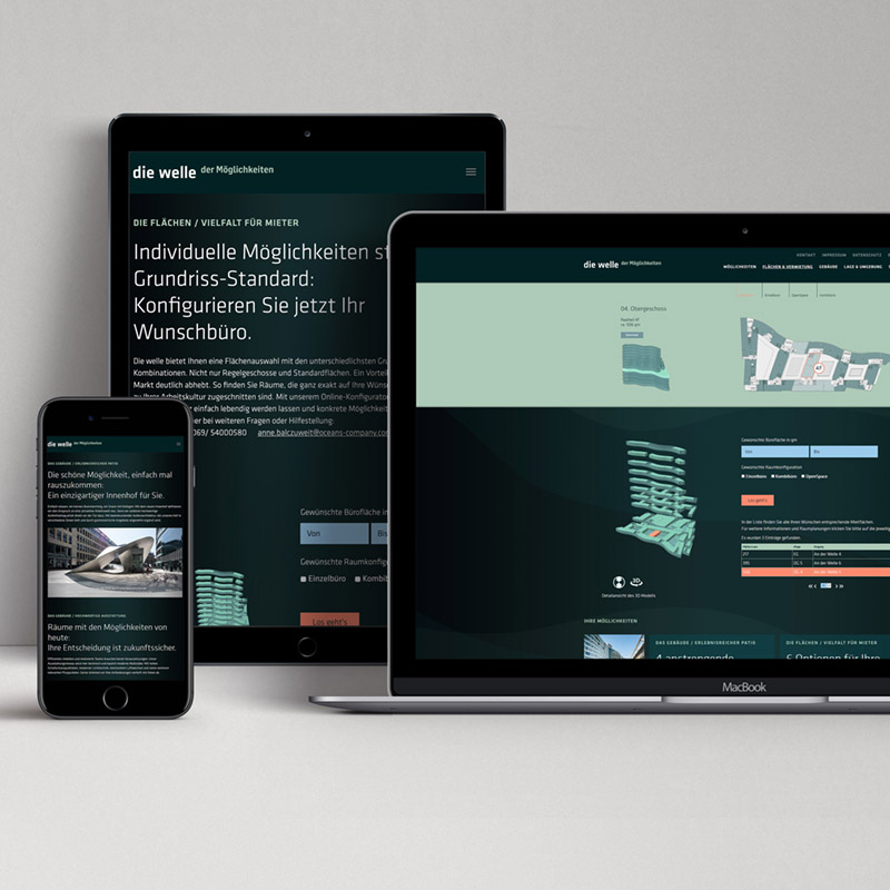 Responsive Website, die Welle, Frankfurt am Main Responsive Website, die Welle, Frankfurt am Main, Ansicht auf verschiedenen Endgeraeten wie Laptop, Handy, Tablet