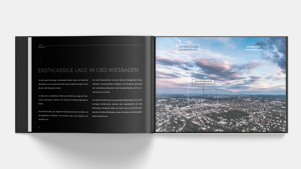 Das Schieferhaus, CBD Wiesbaden, Exposee, Gestaltung von VIERZWEI Das Schieferhaus, CBD Wiesbaden, Exposee, Buch und Logo-Gestaltung von VIERZWEI für Colliers International