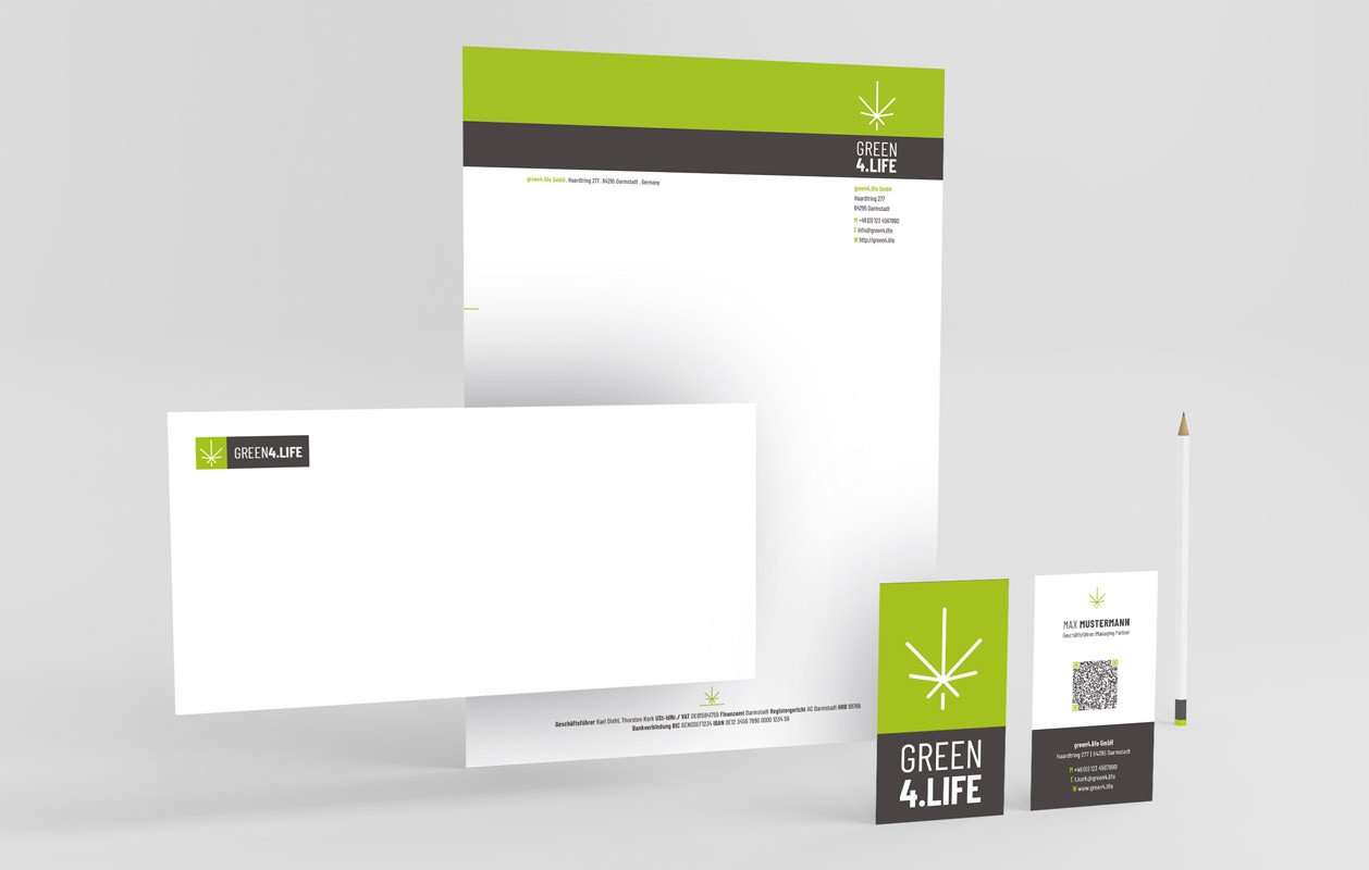 green4life Corporate Design Geschaeftspapiere in den Farben gruen und dunkelgrau