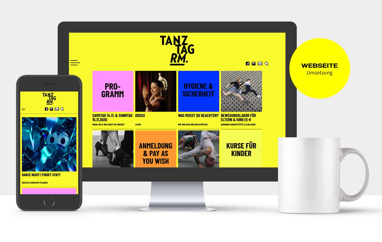 Tanztag Rhein-Main, Programmierung der Webseite Tanztag Rhein-Main, Programmierung der Webseite, Ansicht der Homepage am PC-Monitor und Mobil