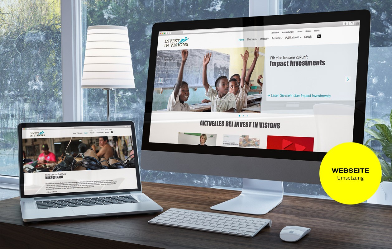 INVEST IN VISIONS, Umsetzung der Website von VIERZWEI INVEST IN VISIONS, Umsetzung der Website von VIERZWEI, Ansicht am Laptop und am Monitor
