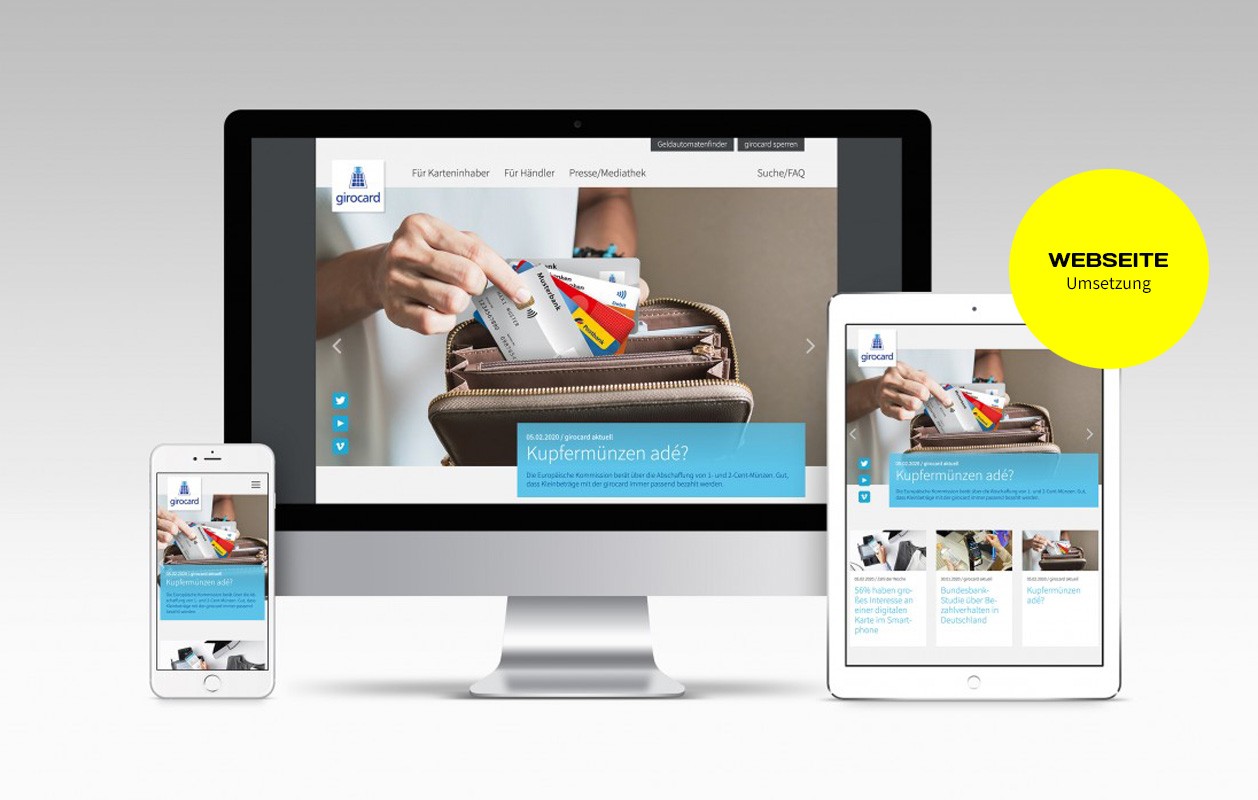 girocard, Umsetzung der Website von VIERZWEI girocard, Umsetzung der Website von VIERZWEI, Responsives Webdesign, Ansicht am PC-Monitor, Tablet, Mobil