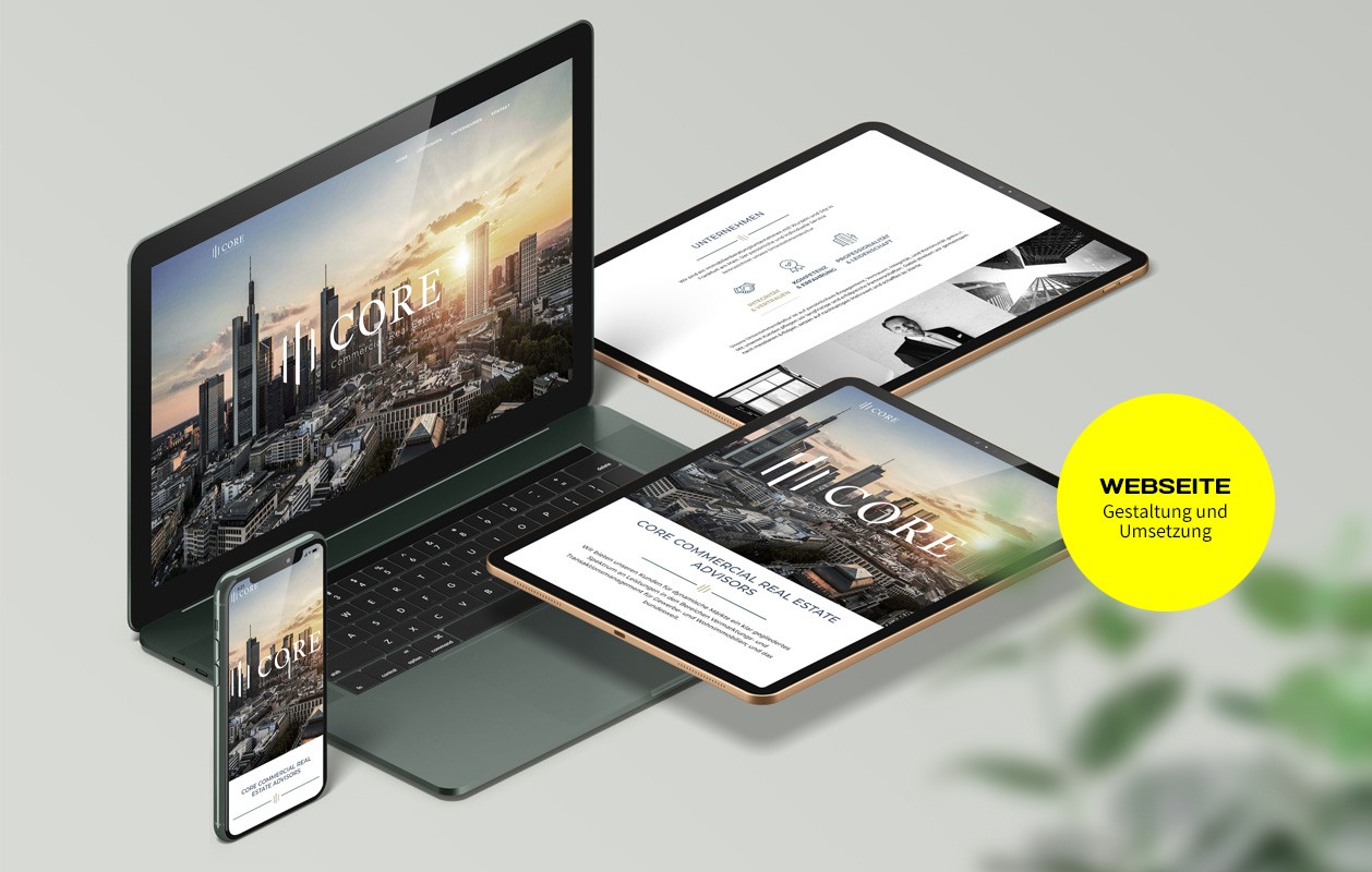 CORE Webdesign Gestaltung und Umsetzung von VIERZWEI CORE Responsives Webdesign Gestaltung und Umsetzung von VIERZWEI, Ansicht auf Laptop, tablet, mobil