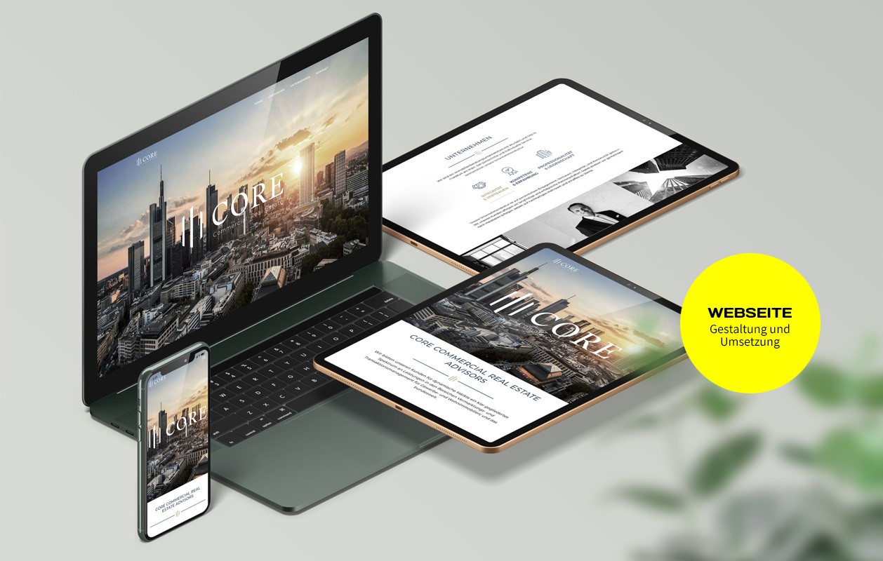CORE Responsives Webdesign Gestaltung und Umsetzung von VIERZWEI, Ansicht auf Laptop, tablet, mobil